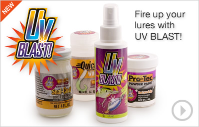 UV Blast! is a clear fishing lure paint overcoat that can be applied to any lure to reflect critical UV light.